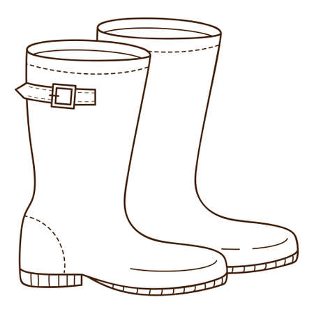 Yellow rubber boots with a strap. Footwear.. Design element with outline. The theme of winter, autumn. Doodle, hand-drawn. Black white vector illustration. Isolated on a white backgroundのイラスト素材