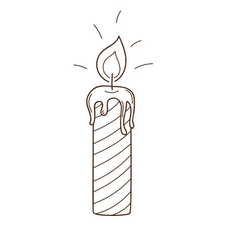 Decorative candle in stripes. A burning fire. Cozy home. Decorative design element with an outline. Doodle, hand-drawn. Black white vector illustration. Isolated on a white background.のイラスト素材