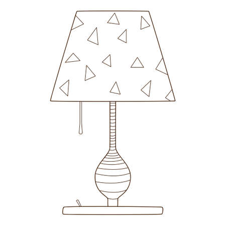 A table lamp with a shade. Electric lighting device. Design element with outline. Doodle, hand-drawn. Black white vector illustration. Isolated on a white background.のイラスト素材