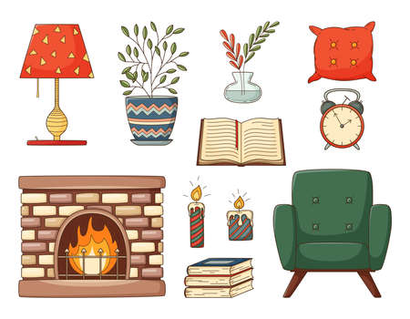 A set of colored doodles. Home furnishings, armchair, books, pillow, fireplace, vase, houseplant, alarm clock, candles. Decorative elements with stroke and fill. Vector illustration isolated on white.のイラスト素材