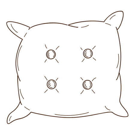 Sofa cushion with buttons. A home decor item. Design element with outline. Doodle, hand-drawn. Black white vector illustration. Isolated on a white background.のイラスト素材
