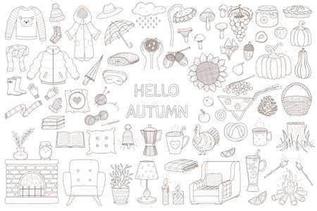 A set of decorative elements. Cozy autumn, hugge. Warm clothing, forest, harvest, interior items. Design collection of outline doodles. Black white vector illustration. Isolated on a white background.のイラスト素材