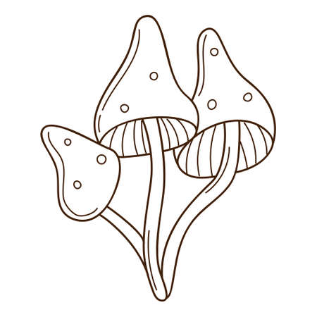 Abstract mushrooms, toadstool, fly agaric. A symbol of the forest, autumn, and harvest. design element with outline. Doodle, hand-drawn. Flat. Black white vector illustration. Isolated on whiteのイラスト素材
