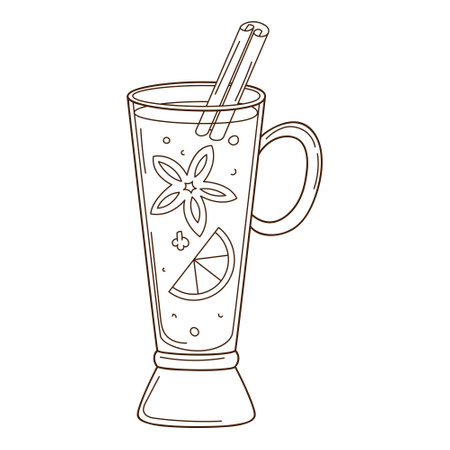 A glass of mulled wine with orange, cinnamon and star anise. A hot, warming drink. Design element with outline. Doodle, hand-drawn. Black white vector illustration. Isolated on white backgroundのイラスト素材