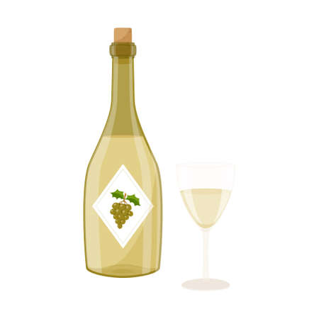 A bottle of white wine with a cork and a filled transparent glass. A bottle with a label and green grapes on it. Flat cartoon style, isolated on a white background.Color vector illustration.のイラスト素材