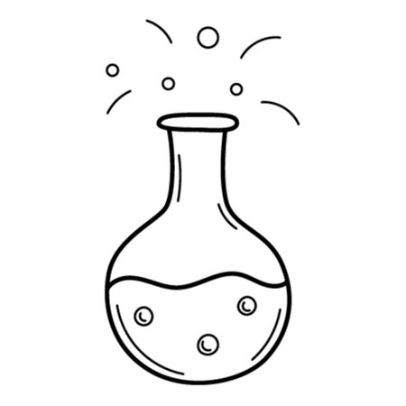 A round test tube with a liquid. Chemical equipment. Doodle outline style. Hand-drawn black and white vector illustration. The design elements are isolated on a white background.のイラスト素材