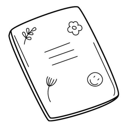 A school notebook with drawings. Doodle. Hand-drawn black and white vector illustration. The design elements are isolated on a white backgroundのイラスト素材