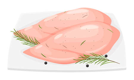 Chicken breast on a plate. Ready-made meat dish with a sprig of rosemary and pepper. Food illustration in a flat cartoon style. Vector. Isolated on whiteのイラスト素材