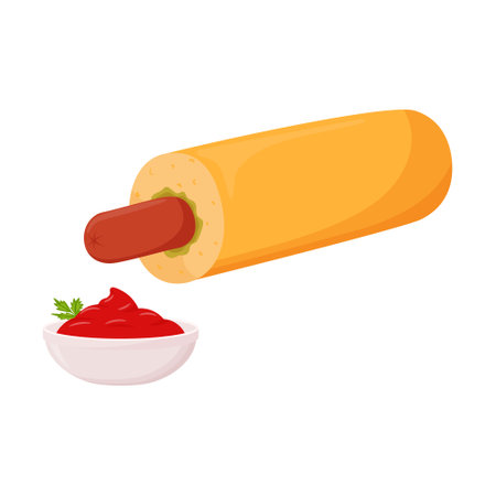 Hot dog with sausage with ketchup sauce in a bowl. French dog, Sausage in a bun. Fast street food, snack. Fatty, high-calorie food. Flat cartoon style, isolated on white.Color vector illustration.のイラスト素材