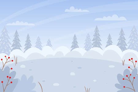Horizontal winter, snowy landscape. Snowdrifts, bushes, fir trees in the snow, snow-covered bushes. Color vector illustration. Nature background with empty space for text.のイラスト素材