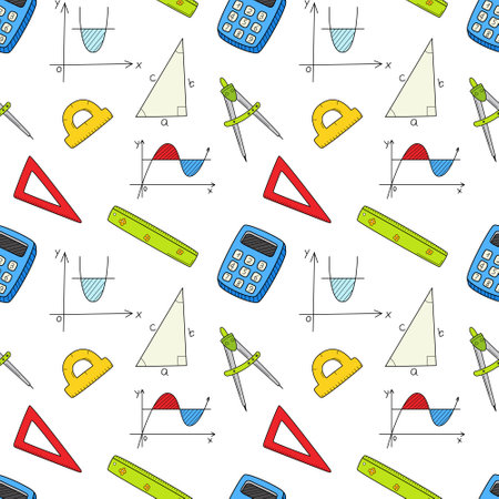 Seamless pattern with mathematical objects, graphs, triangle, Pythagorean theorem, calculator, relers, compasses. Hand-drawn color fill elements. Bright colorful vector illustration on whiteのイラスト素材