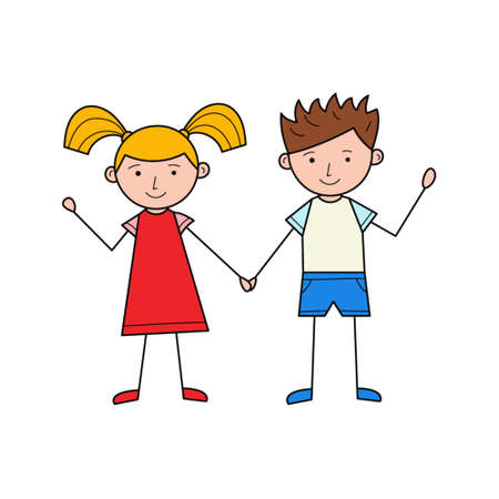 A boy and a girl hold hands. Cute characters. A linear drawing by hand. Colorful simple vector illustration, isolated on a white background.Hand drawn.のイラスト素材