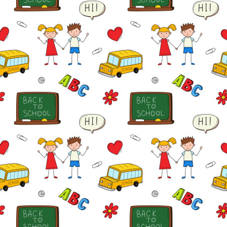 A simple school seamless pattern with a blackboard, a school bus, children. Background with isolated hand-drawn colorful doodle elements. Vector illustrationのイラスト素材