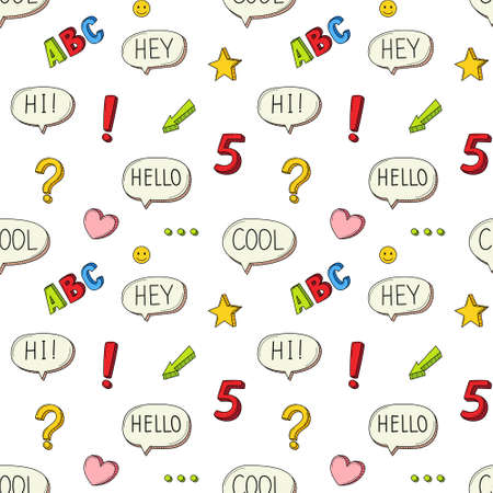A simple seamless school pattern with speech bubbles, punctuation marks, heart letters ABC. Background with isolated hand-drawn colorful doodle elements. Vector illustrationのイラスト素材