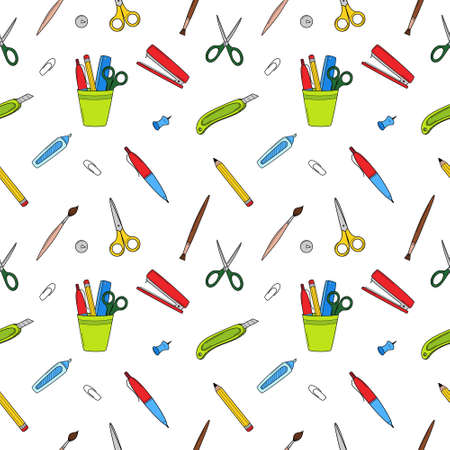School simple seamless pattern with stationery, office supplies, scissors, ruler, pen, pencil, brush. Background with isolated hand-drawn colorful doodle elements. Vector illustrationのイラスト素材