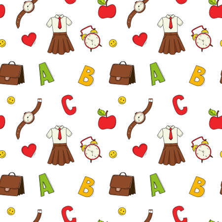 A simple seamless school pattern with a school uniform, an alarm clock, the letters ABC, a briefcase, an apple. Background with isolated hand-drawn colorful doodle elements. Vector illustrationのイラスト素材