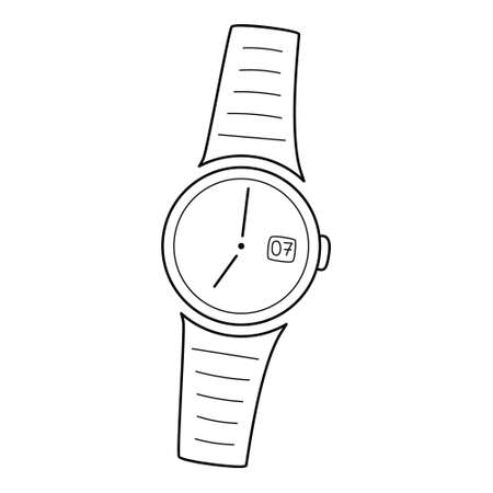 Mechanical analog round wrist watch with hands. Watch with a bracelet. Linear icon. Hand-drawn black and white vector illustration. Isolated on a white background.のイラスト素材