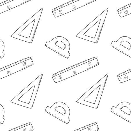 School simple seamless pattern with ruler, triangle and protractor. Mathematics, geometry. Black and white background with isolated hand-drawn doodle outline elements. Vector illustrationのイラスト素材