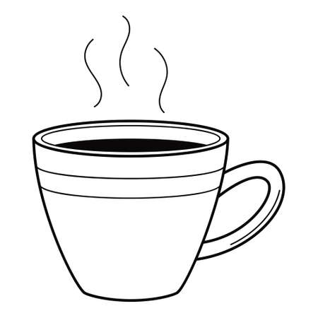 A cup of coffee or tea with steam. A hot drink. Linear icon. Hand-drawn black and white vector illustration. Isolated on a white background.のイラスト素材