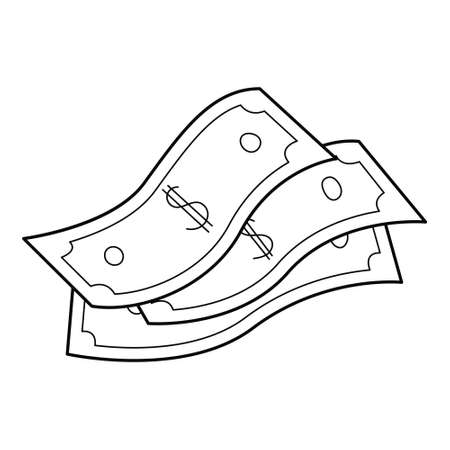 A stack of paper banknotes. A bundle of dollar bills. A symbol of money accumulation, wealth, a bribe. Linear icon. Hand-drawn black and white vector illustration. Isolated on a white background.のイラスト素材