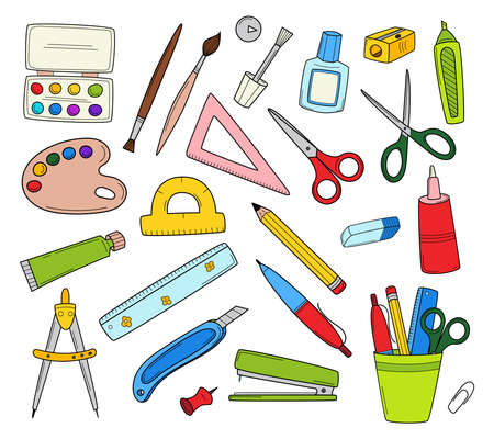 A set of school stationery and office supplies. Doodle icon set. Hand-drawn decorative elements. Black and white outline vector illustration. Isolated on a white background.のイラスト素材