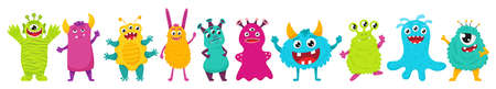 A set of cute monsters. Bright cartoon characters. Childrens vector illustration. Flat style, isolated on a white background.のイラスト素材