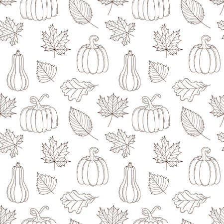Seamless pattern with different autumn leaves and pumpkins. Autumn harvest, Thanksgiving. Monochrome backdrop with linear Outline doodle elements. Black and white vector pattern on a white background.のイラスト素材