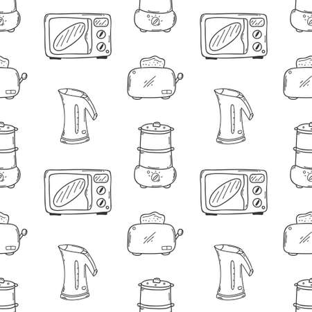 Seamless pattern with kitchen appliances. Microwave, kettle, toaster, steamer. A monochrome backdrop with simple hand-drawn outline doodle elements. Black white vector pattern on a white backgroundのイラスト素材
