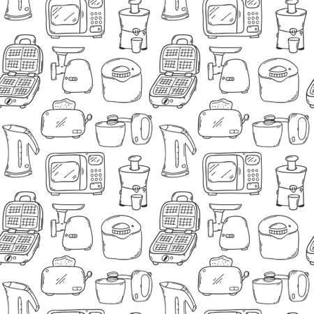 Seamless pattern with kitchen appliances. Microwave, kettle, toaster, steamer, waffle iron, mixer. Monochrome backdrop with simple hand-drawn Outline doodle elements. Black and white vector.のイラスト素材