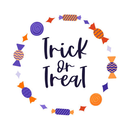 A round frame with wrapped sweets. Hand lettering-trick or treat. Halloween decoration. Color flat cartoon vector illustration on a purple backgroundのイラスト素材