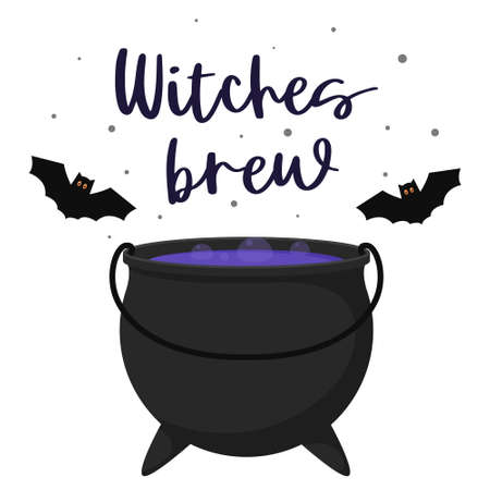A cauldron of boiling witchs potion. A pot of purple liquid poison and bubbles. Postcard with hand lettering-Witches brew. Halloween theme. Color flat cartoon vector illustration isolated on white.のイラスト素材