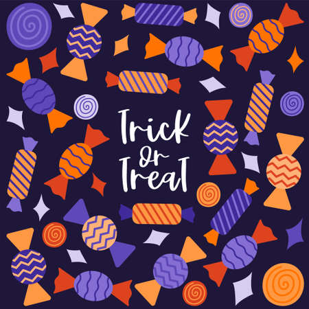 A square postcard with sweets in a wrapper. Hand lettering-trick or treat. Halloween decoration. Color flat cartoon vector illustration on a purple background.のイラスト素材