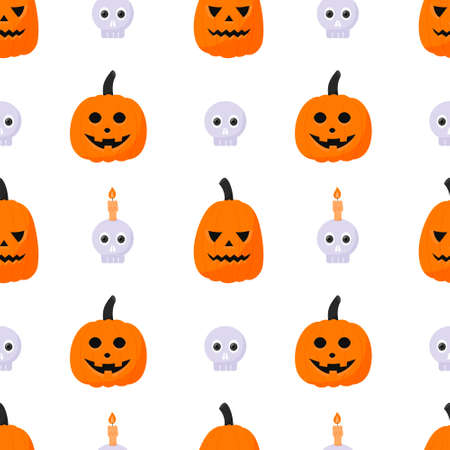 Halloween seamless pattern with pumpkin lanterns with carved faces and a skull with a candle. A backdrop for Halloween cards. Color vector illustration in a flat style. Elements are isolated on whiteのイラスト素材