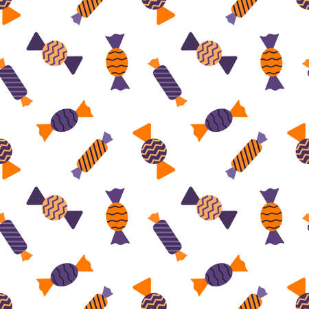 Seamless pattern with candy wrappers. Orange-purple colors. A backdrop for Halloween cards. Color vector illustration in a flat style. The elements are isolated on a white backgroundのイラスト素材