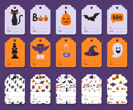 A collection of colorful gift labels with Halloween symbols and words - to, from. Pumpkin lantern, bat, cat, poison, haunted house, ghost, owl, hat. Flat vector illustrations on a colorful backgroundのイラスト素材