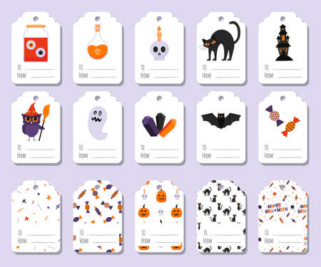A set of colorful gift tags with Halloween symbols and words - to whom, from whom. Crystals, candy, a haunted house, a ghost, an owl, a jar with eyes. Flat vector illustrations on a white backgroundのイラスト素材