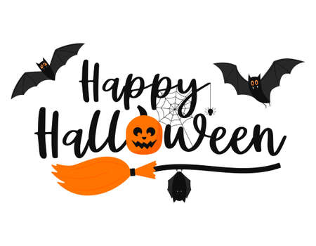 Handwritten words of Happy Halloween with a broom, bats, cobwebs, pumpkin. Hand lettering. Color flat cartoon vector illustration isolated on a white backgroundのイラスト素材
