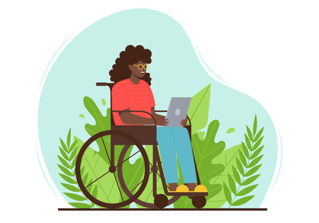 A happy adult woman is sitting with a laptop in a wheelchair on a background of leaves. A smiling lady with disabilities uses a computer in the park. Color vector illustration on a spot backgroundのイラスト素材