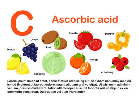 Rectangular poster with food products containing vitamin C. Ascorbic acid. Medicine, diet, healthy eating, infographics. Products with the name.Flat cartoon food illustration isolated on whiteのイラスト素材