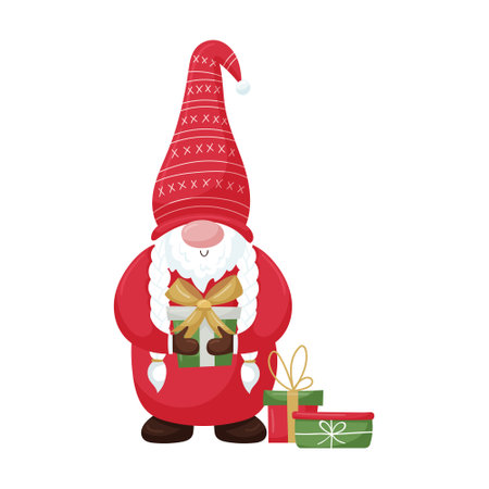 A Christmas gnome with pigtails and a beard in a red hat holds a gift box with a bow. New Year's cute cartoon character isolated on a white backgroundのイラスト素材