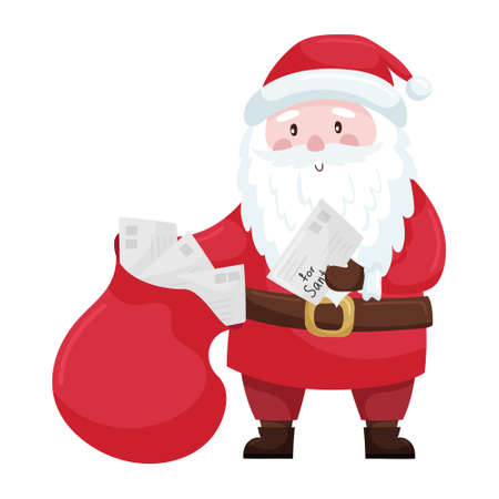 Cute cartoon Christmas Santa in a red suit and hat holds a bag of letters for Santa. Santa Claus is smiling. Adorable character in a flat style. Isolated on a white background. Vector illustrationのイラスト素材
