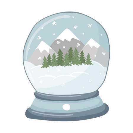 A snow globe with mountains, snowdrifts, forests and snowflakes. Hand-drawn flat Christmas attribute, design element isolated on a white background. Hand-drawn flat style. Color vector illustrationのイラスト素材