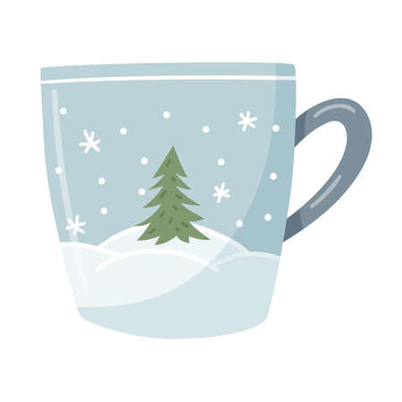 A blue mug with a winter landscape, snowdrifts and a Christmas tree. A hand-drawn flat cup with a hot drink. The design element is isolated on a white background. Color vector illustrationのイラスト素材