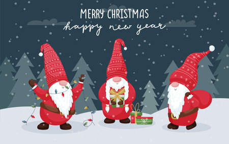 Greeting card with three cute dwarfs in front of a forest, snowdrifts. Gnomes with a garland and a bag of gifts. Vector illustration with cartoon characters and handwritten inscription Merry Christmasのイラスト素材