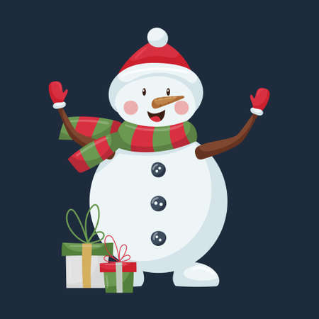 A cute snowman in a hat and striped scarf stands with open arms and gift boxes. A Christmas cartoon character in a flat style is isolated on a dark background. Color vector illustration.のイラスト素材