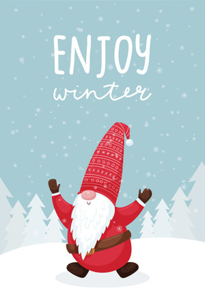 Christmas greeting card with a smiling bouncing, dancing gnome in a red hat. Winter forest, snowy landscape. Lettering hand - Happy New Year. Cute flat cartoon character. Color vector illustration.のイラスト素材