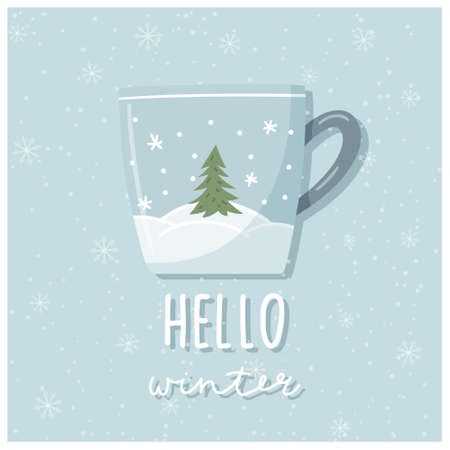 A greeting card. A hand-drawn mug with a winter landscape, a Christmas tree and handwritten words - Hello winter. Blue background with snowflakes. Color vector illustration in a flat style.のイラスト素材