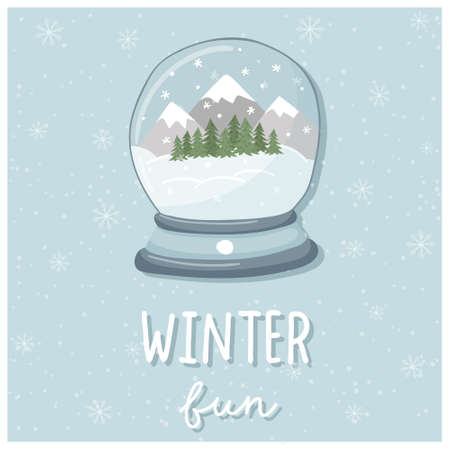 A greeting card. Cute hand-drawn snow globe with winter forest and handwritten words - Winter fun. Blue background with snowflakes. Color vector illustration in a flat style.のイラスト素材