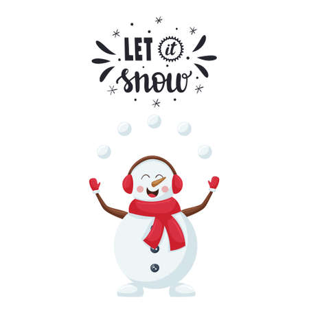 A postcard with a joyful, smiling Christmas snowman in a red scarf juggling snowballs. Hand lettering phrase - Let it snow. Simple cartoon color vector illustration isolated on a white backgroundのイラスト素材
