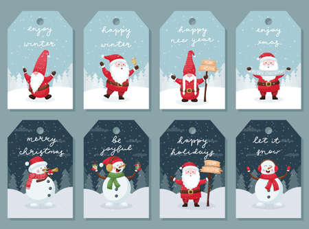 A set of gift tags, cards, labels with cute cartoon characters on the background of a winter forest and handwritten inscriptions. Santa, snowman, dwarf, gnome. Color vector illustration in flat style.のイラスト素材